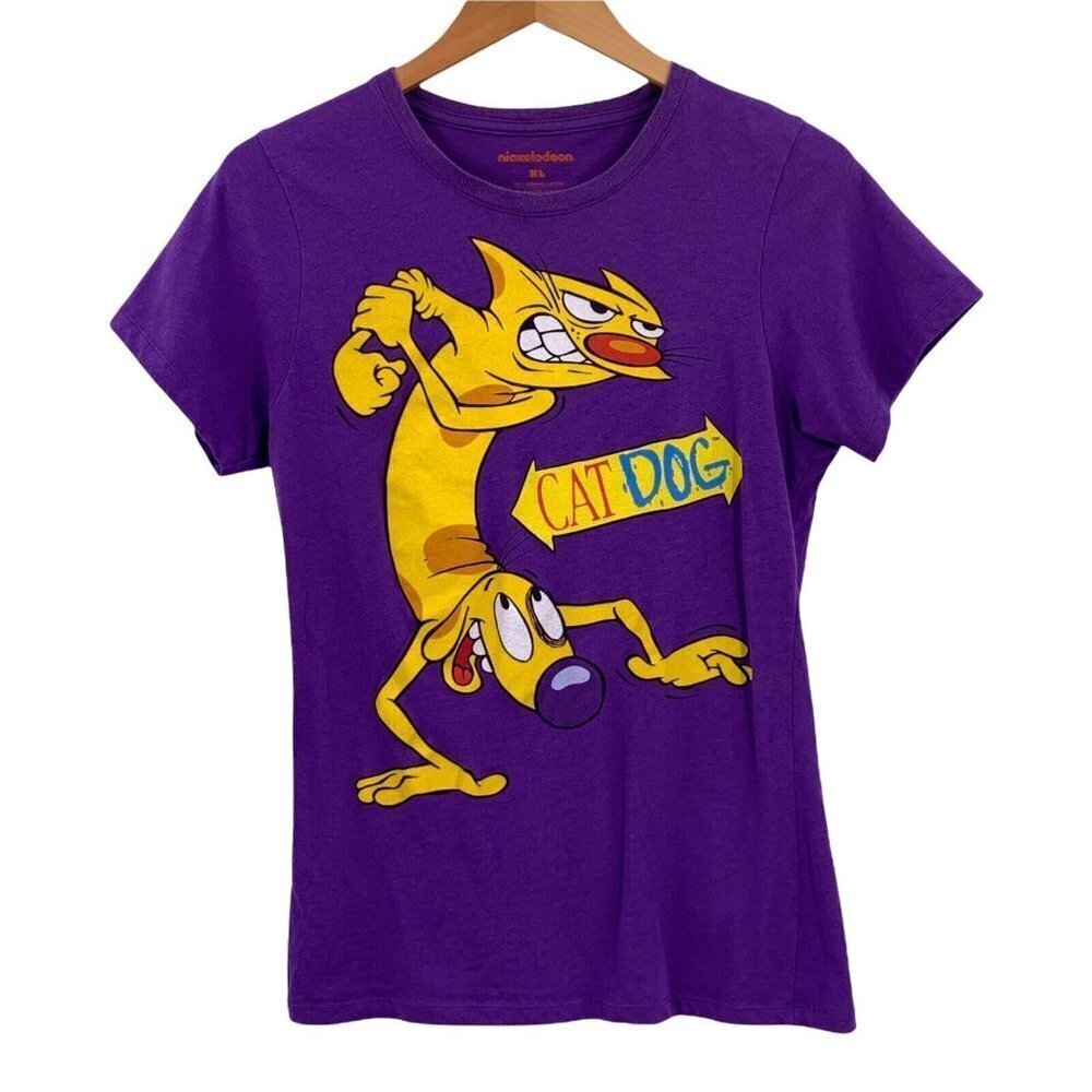Vintage HTF Y2K Nickelodeon CAT DOG Purple Cotton Jersey T-Shirt Size XL